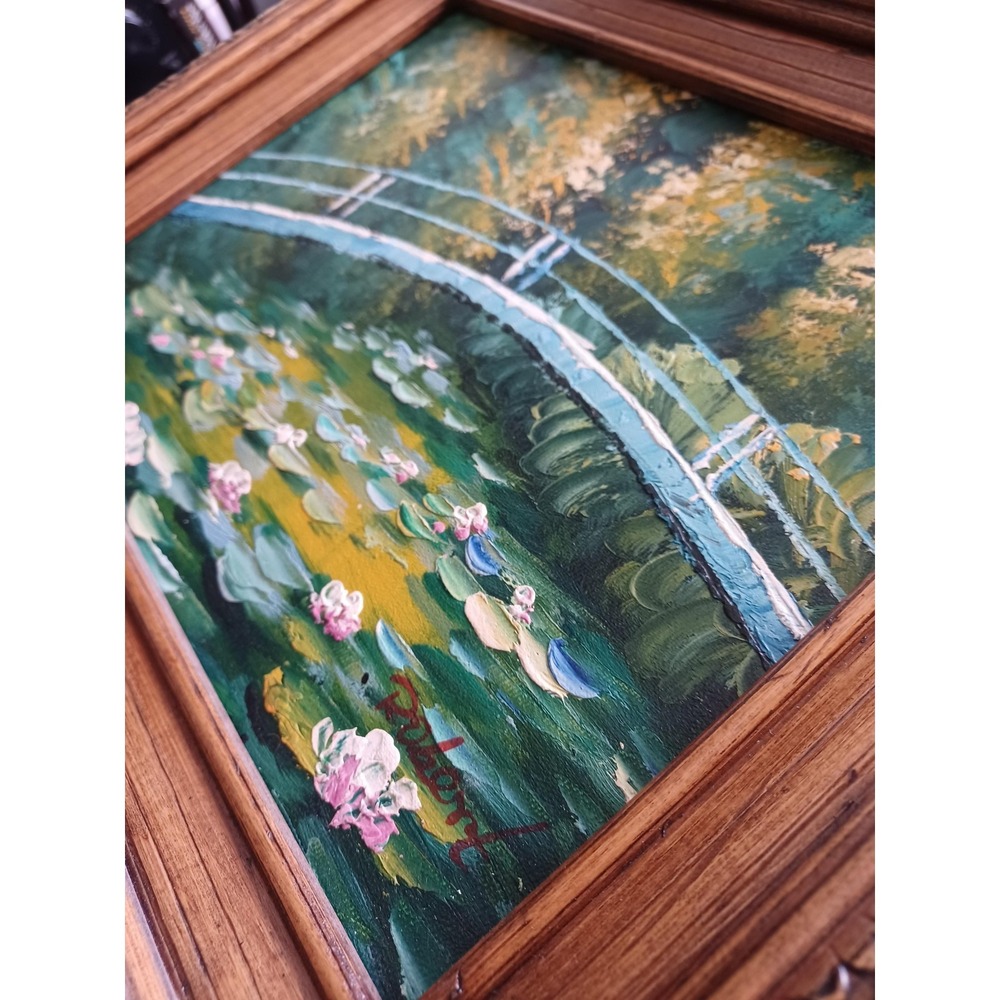 Dubert Water Lily Garden Bridge Green Oil Painting Signed Framed 8x10 Canvas - Picture 3 of 6